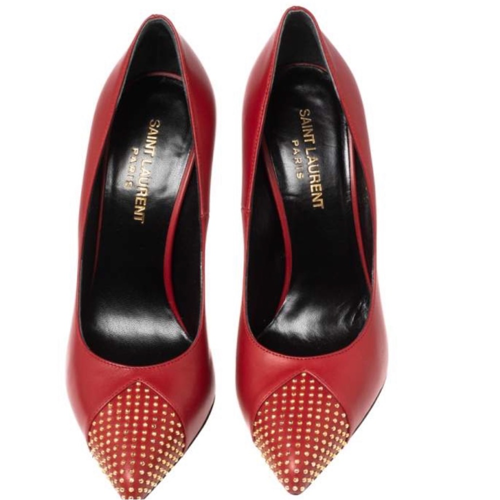 Saint Laurent Red Leather Studded Pointed Toe Pumps size 37